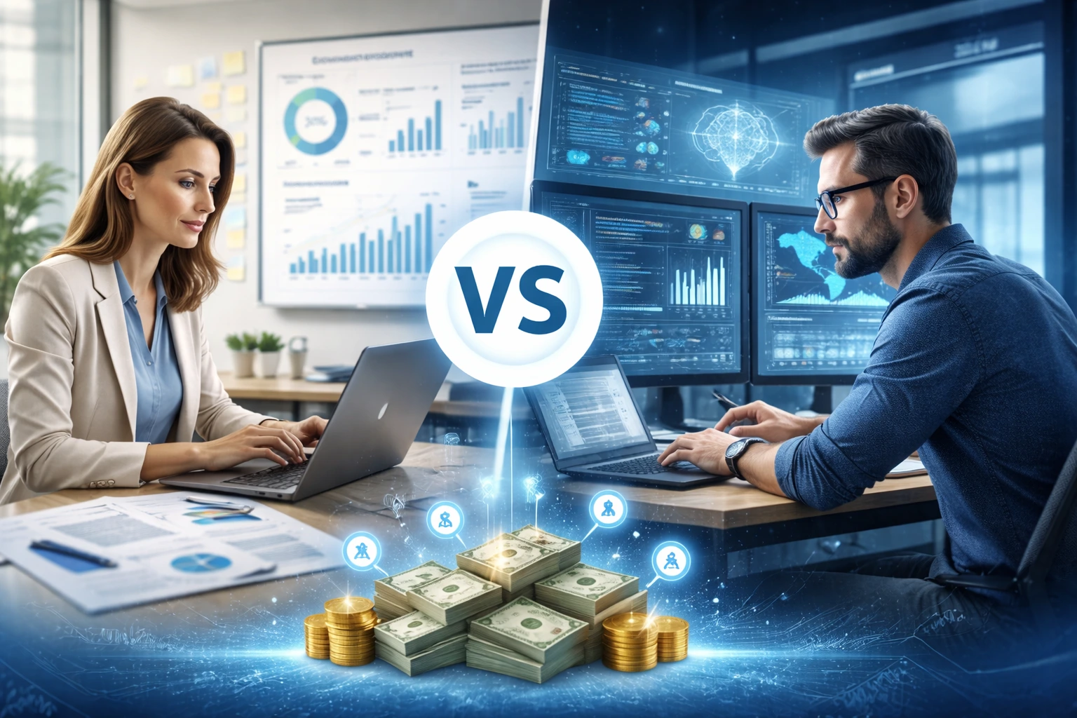 Market Research Manager Salary vs Data Scientist Salary Comparison Market Research Manager and Data Scientist analyzing consumer data dashboards in a modern analytics workspace