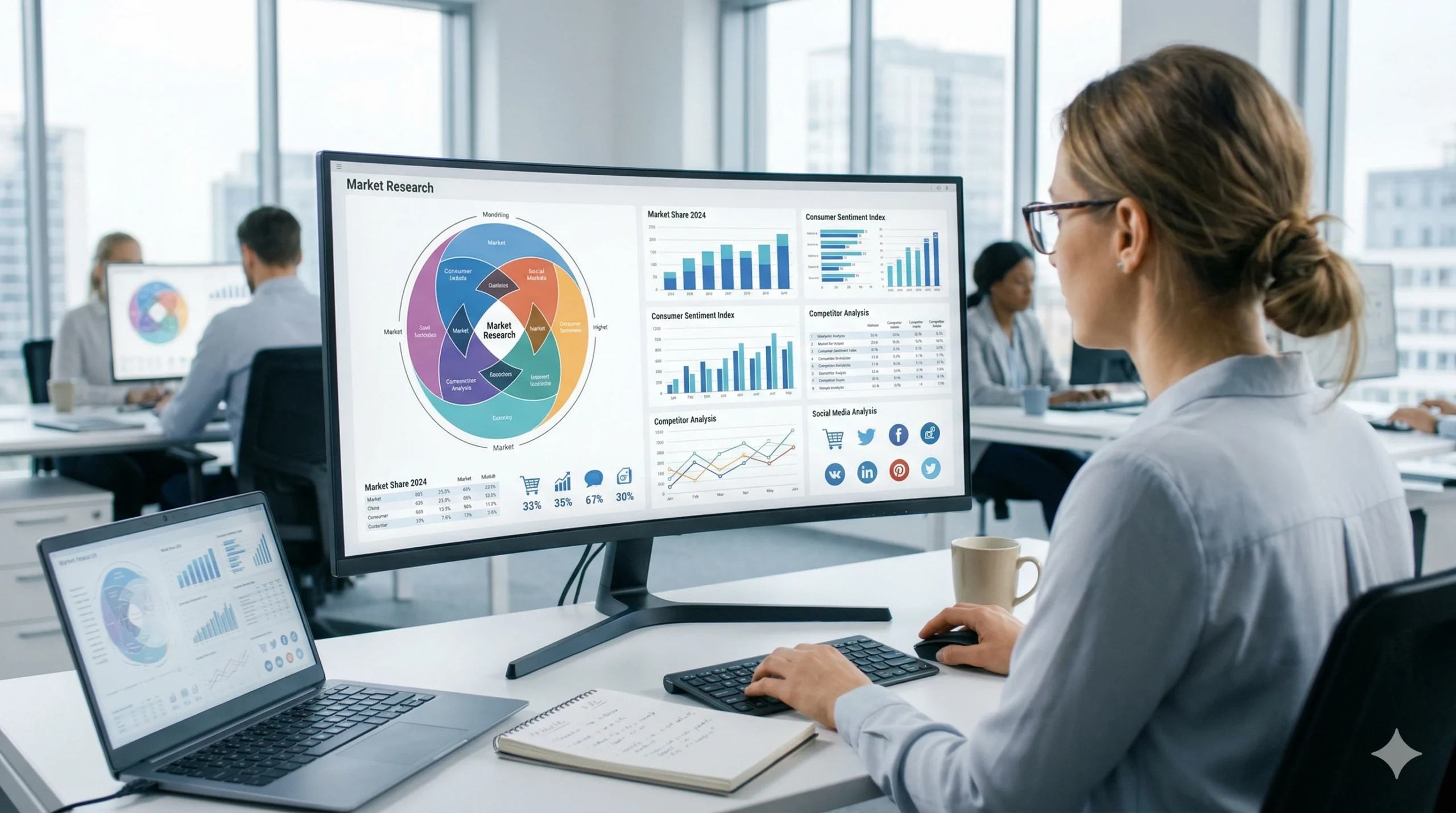 A professional market researcher analyzing a digital dashboard showing AI-generated consumer insights, data diagrams, and market trend statistics in a modern office.