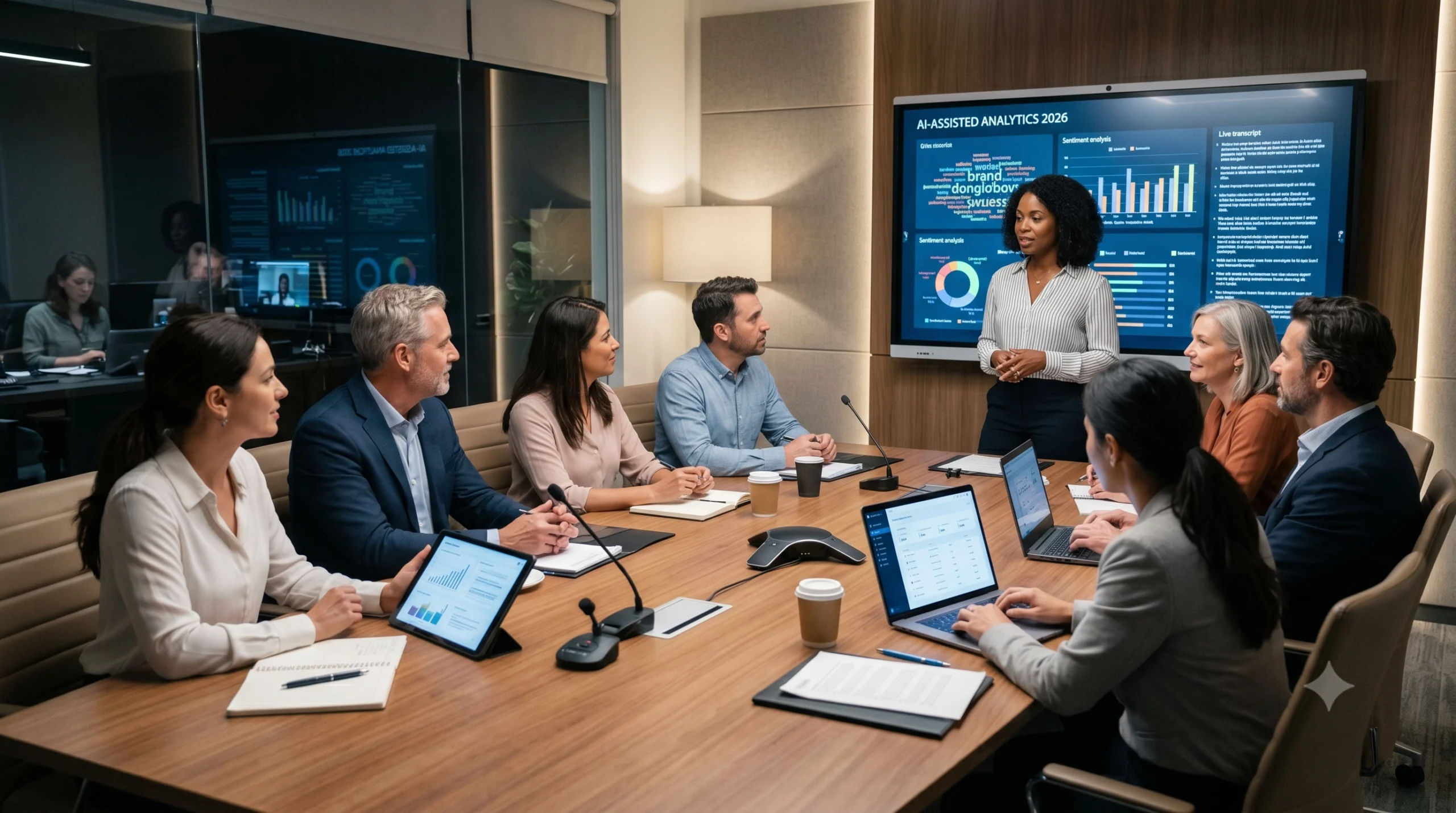 best ai focus group platforms 2026: A corporate US research team in a modern boardroom analyzing data from the best AI focus group platforms on a large digital display screen.