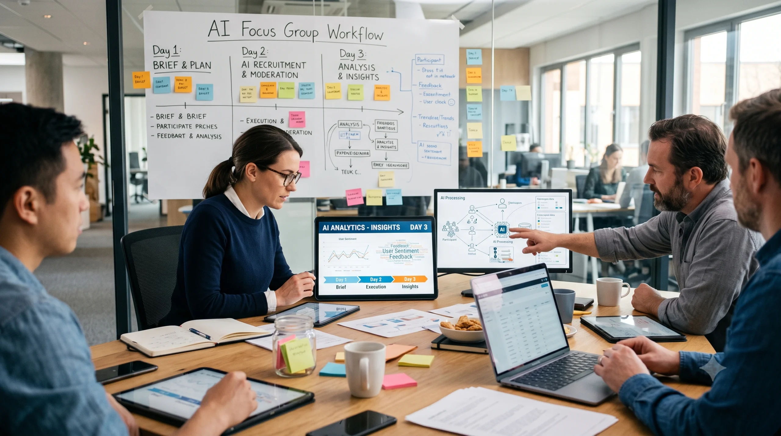 First-time researcher reviewing AI focus group setup checklist on laptop showing beginner-friendly platform interface